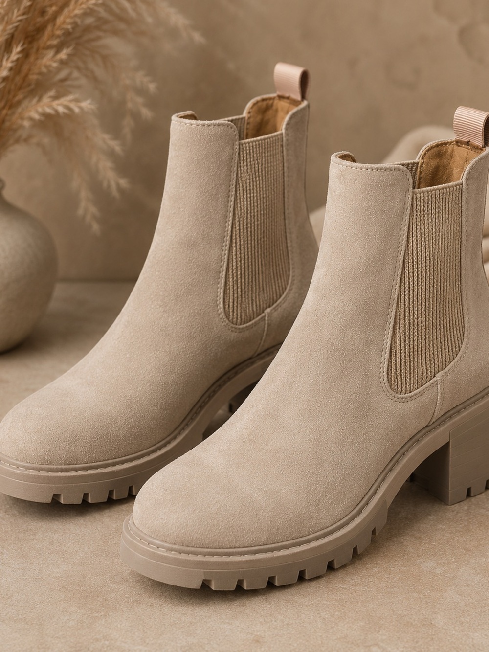 ATHLEFIT Beige Suede Chelsea Ankle Boots Chunky Heel Lug Sole Fall 2026 Trend - Picture 1 of 5